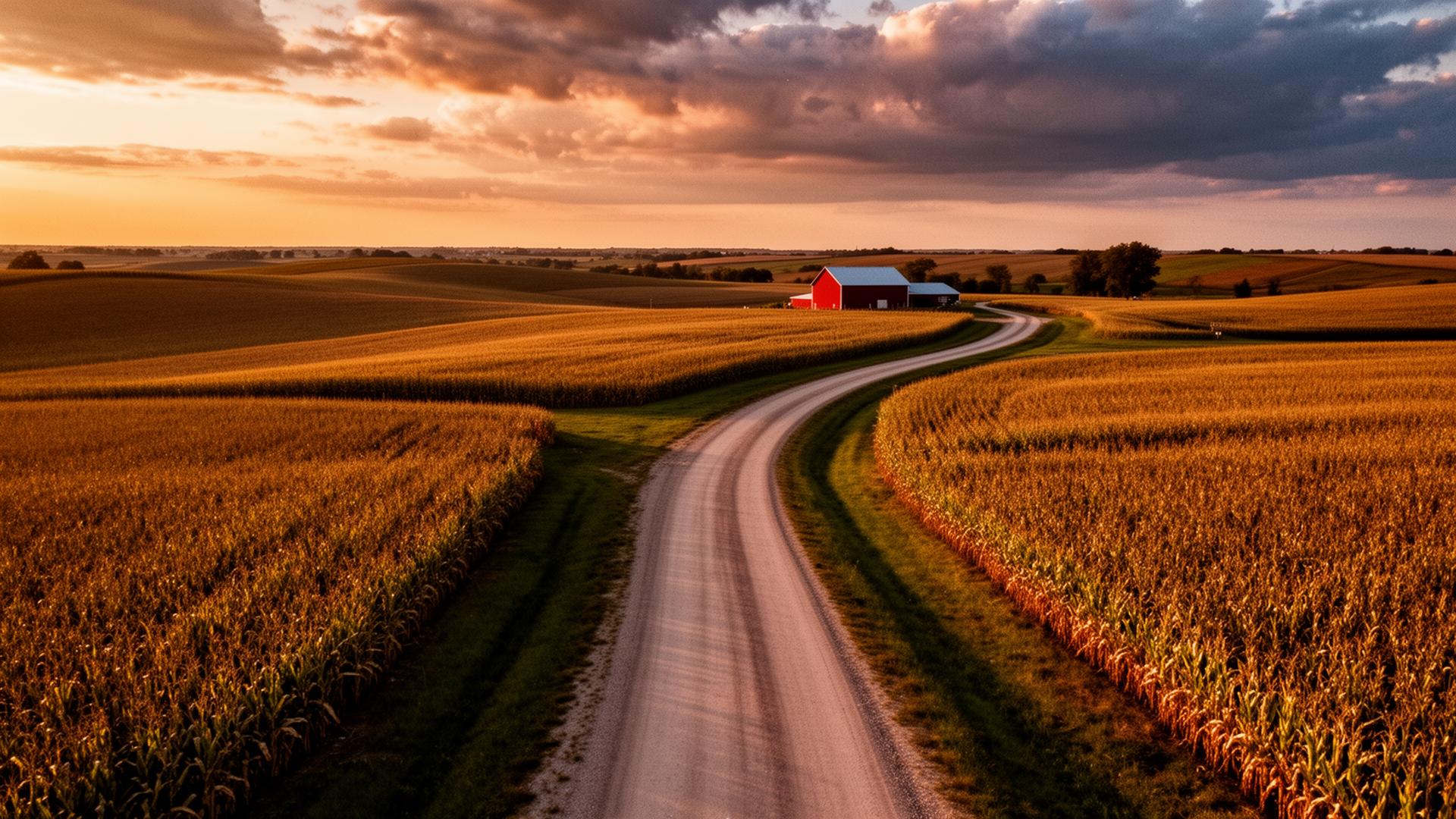 A winding gravel road through Iowa farmland at sunset
